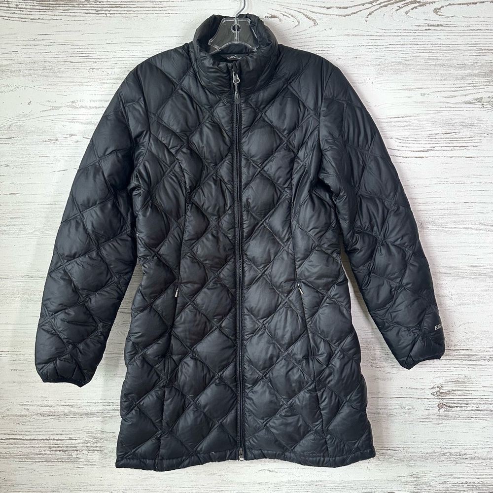 EDDIE BAUER 700 Premium Goose Down Long Quilted Puffer Coat S Black Packable